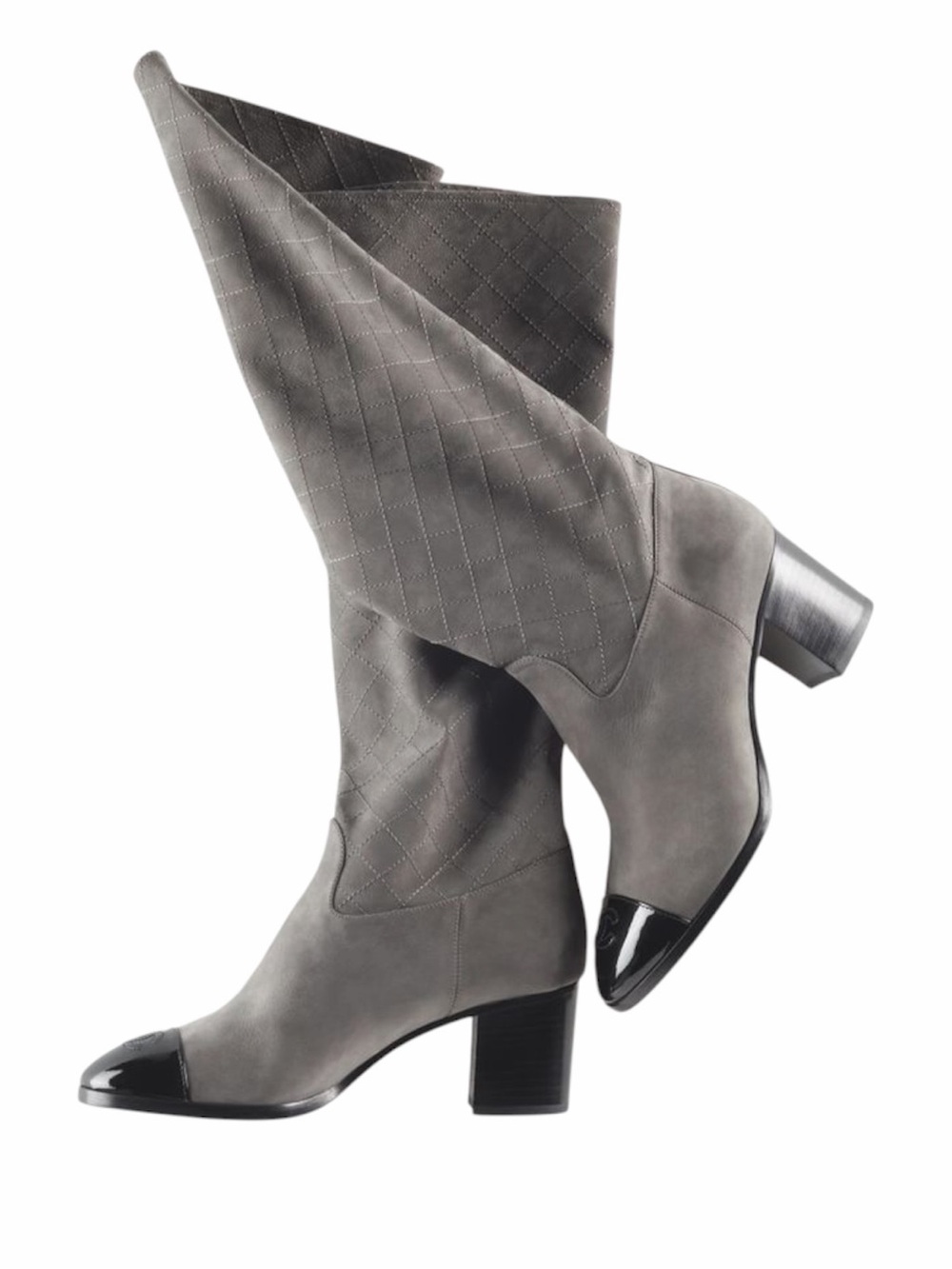 Chanel Quilted Suede Knee High Boots Gray Black CC Cap Toe Size 37C Italy